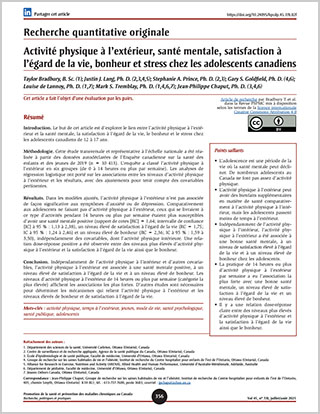 Recherche quantitative originale – Activité physique à l’extérieur, santé mentale, satisfaction à l’égard de la vie, bonheur et stress chez les adolescents canadiens