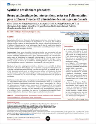 Synthèse des données probantes – Revue systématique des interventions axées sur l’alimentation pour atténuer l’insécurité alimentaire des ménages au Canada
