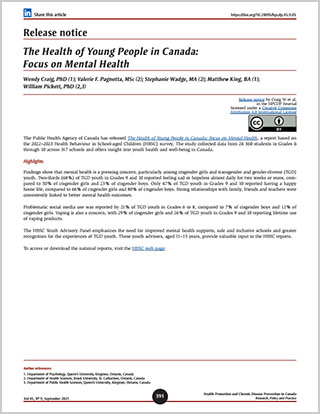 Release notice – The Health of Young People in Canada: Focus on Mental Health