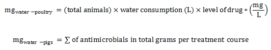 Equation 3. Estimation of total milligrams in water (broiler chickens, pigs, and turkeys). Text description follows.