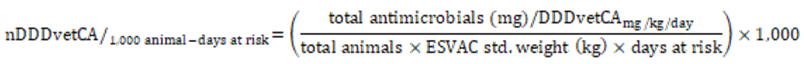 Equation 10. Formula for the number of DDDvetCA/1,000 animal-days at risk. Text description follows.