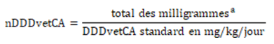 Équation 9. Calcul du nombre de doses journalières en utilisant les standards canadiens (nDDDvetCA). Équivalent textuel ci-dessous.