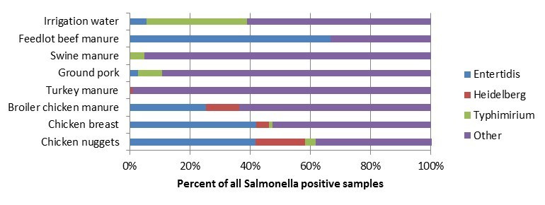 Figure 2.3 Distribution of Salmonella spp. serovars among food, animal and environmental samples, FoodNet Canada, 2016. Text description follows.