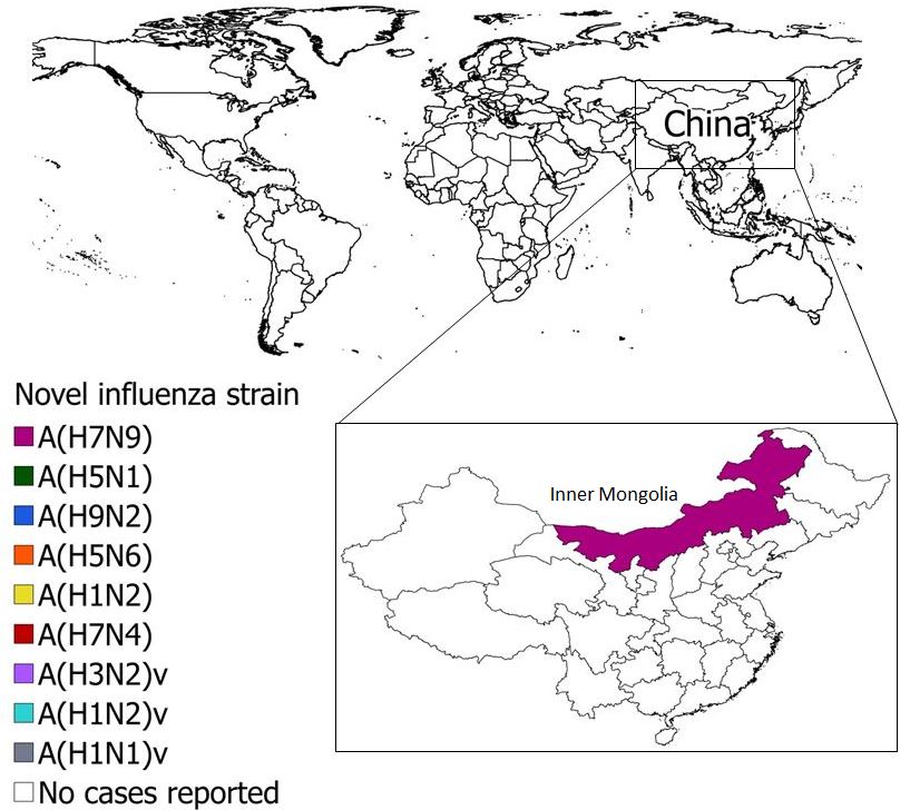 A figure indicating the spatial distribution of human cases of avian and swine influenza reported globally in April 2019.