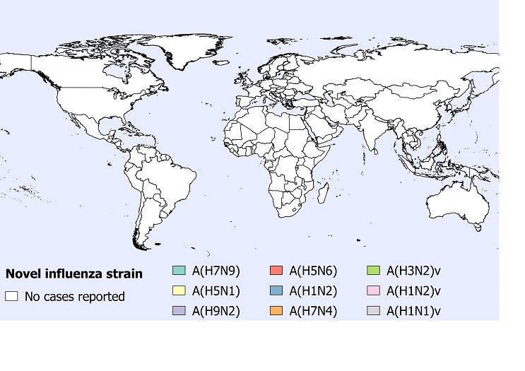 A figure indicating the spatial distribution of human cases of avian and swine influenza reported globally in June 2019.