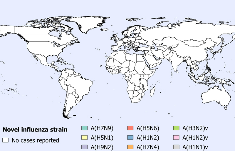A figure indicating the spatial distribution of human cases of avian and swine influenza reported globally in July 2019.