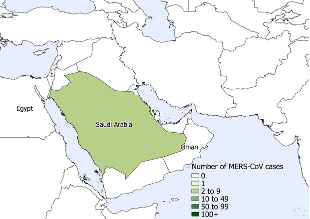 A figure indicating the spatial distribution of human cases of MERS-CoV in July 2019.