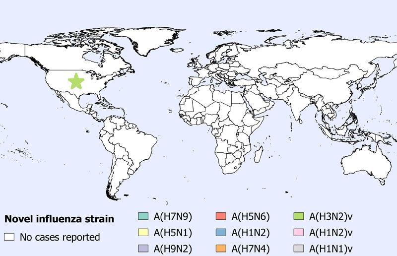A figure indicating the spatial distribution of human cases of avian and swine influenza reported globally in July 2020 (n=1).