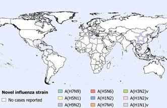 A figure indicating the spatial distribution of human cases of avian and swine influenza reported globally in August and September 2020 (n=1).