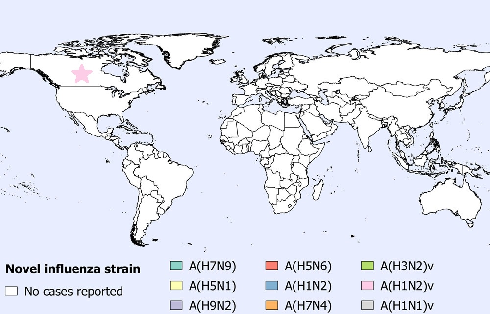 A figure indicating the spatial distribution of human cases of avian and swine influenza reported globally in October 2020 (n=1).