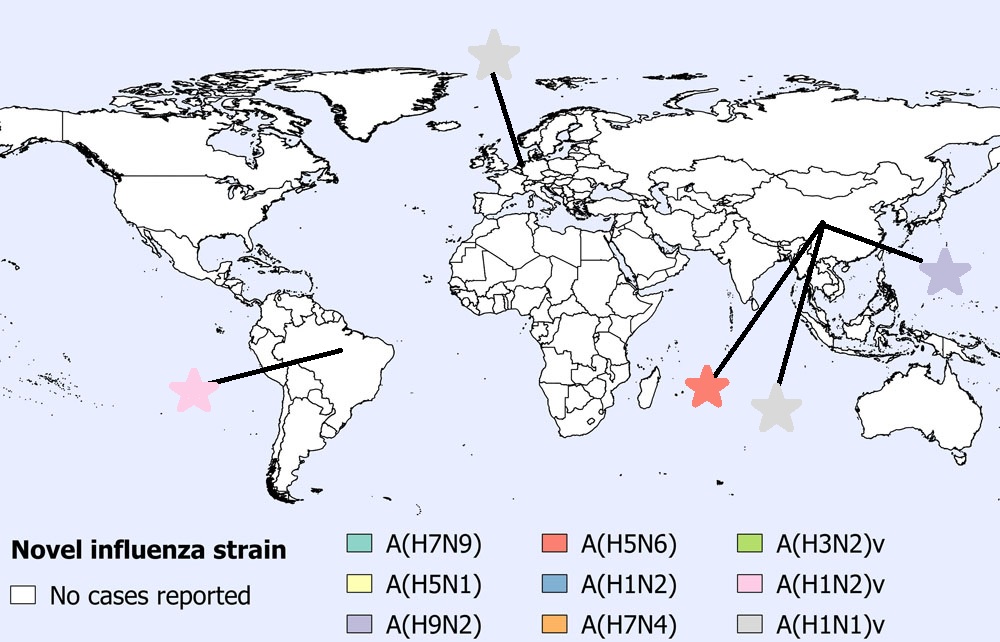 A figure indicating the spatial distribution of human cases of avian and swine influenza reported globally in November 2020 (n=1).