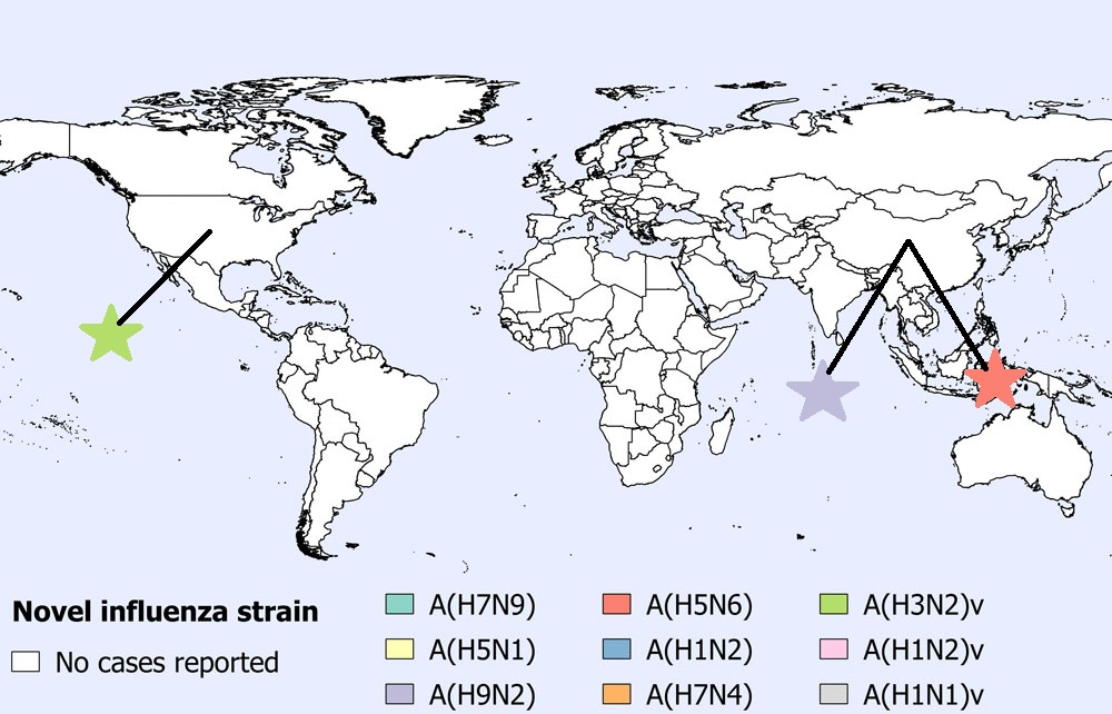 A figure indicating the spatial distribution of human cases of avian and swine influenza reported globally in January 2021 (n=4).