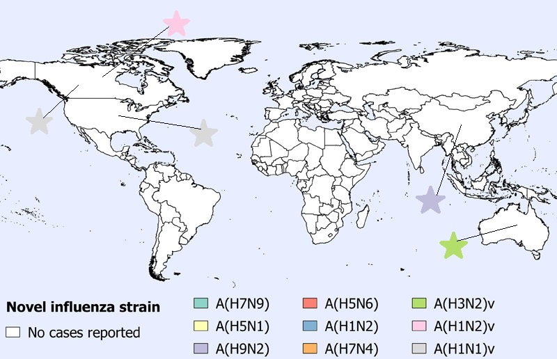 A figure indicating the spatial distribution of human cases of avian and swine influenza reported globally in April 2021 (n=6).