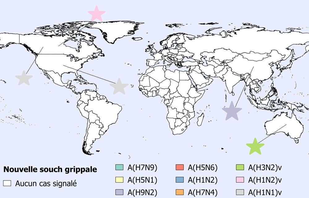 Une figure indiquant la répartition spatiale des cas humains des grippes aviaires et porcines en avril 2021 (n=6).