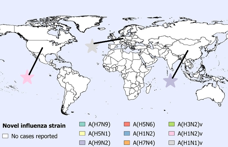 A figure indicating the spatial distribution of human cases of avian and swine influenza reported globally in April 2021 (n=6).