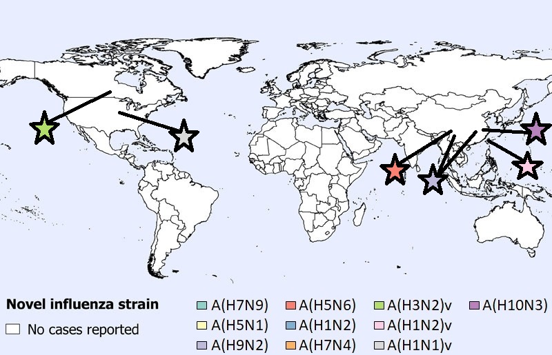 A figure indicating the spatial distribution of human cases of avian and swine influenza reported globally in June 2021 (n=7).