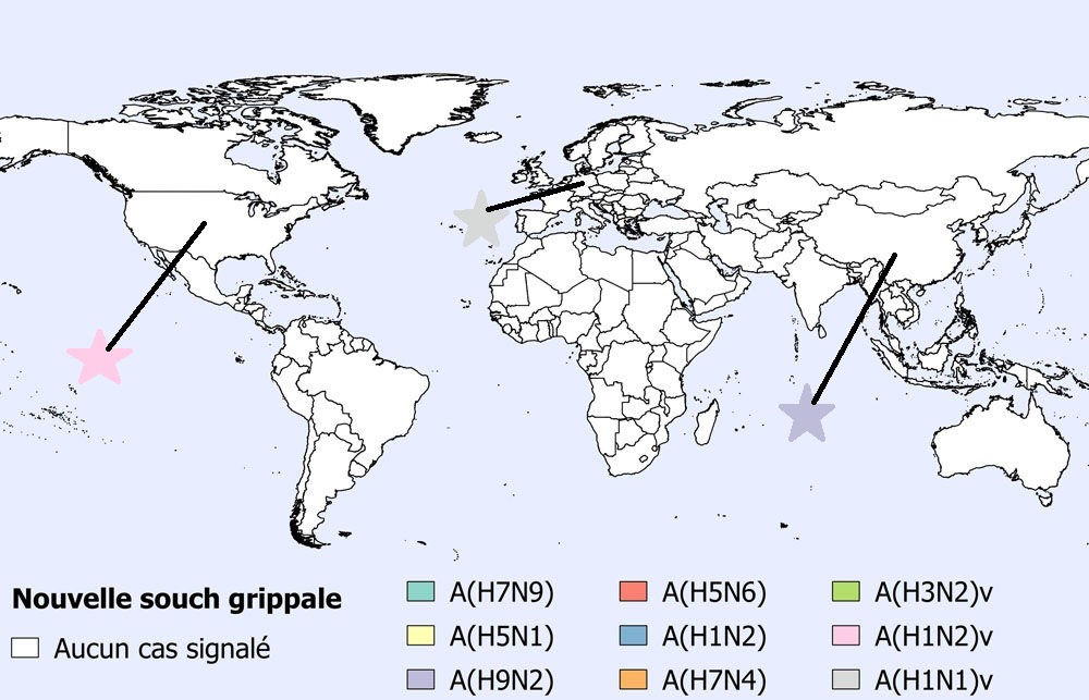 Une figure indiquant la répartition spatiale des cas humains des grippes aviaires et porcines en avril 2021 (n=6).