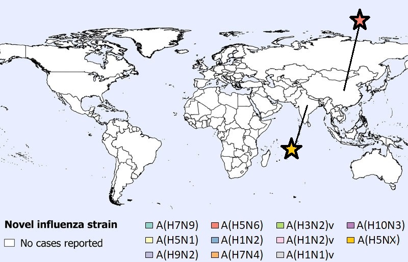 A figure indicating the spatial distribution of human cases of avian and swine influenza reported globally in July 2021 (n=5).