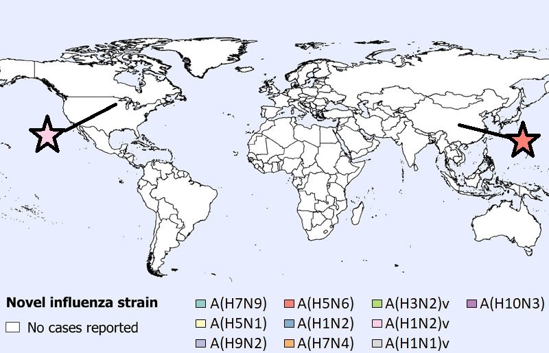 Spatial distribution of human cases of avian and swine influenza reported globally in August 2021 (n=8)