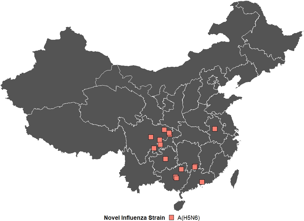 Spatial distribution of human cases of A(H5N6) influenza reported in China in 2021 (n=15).