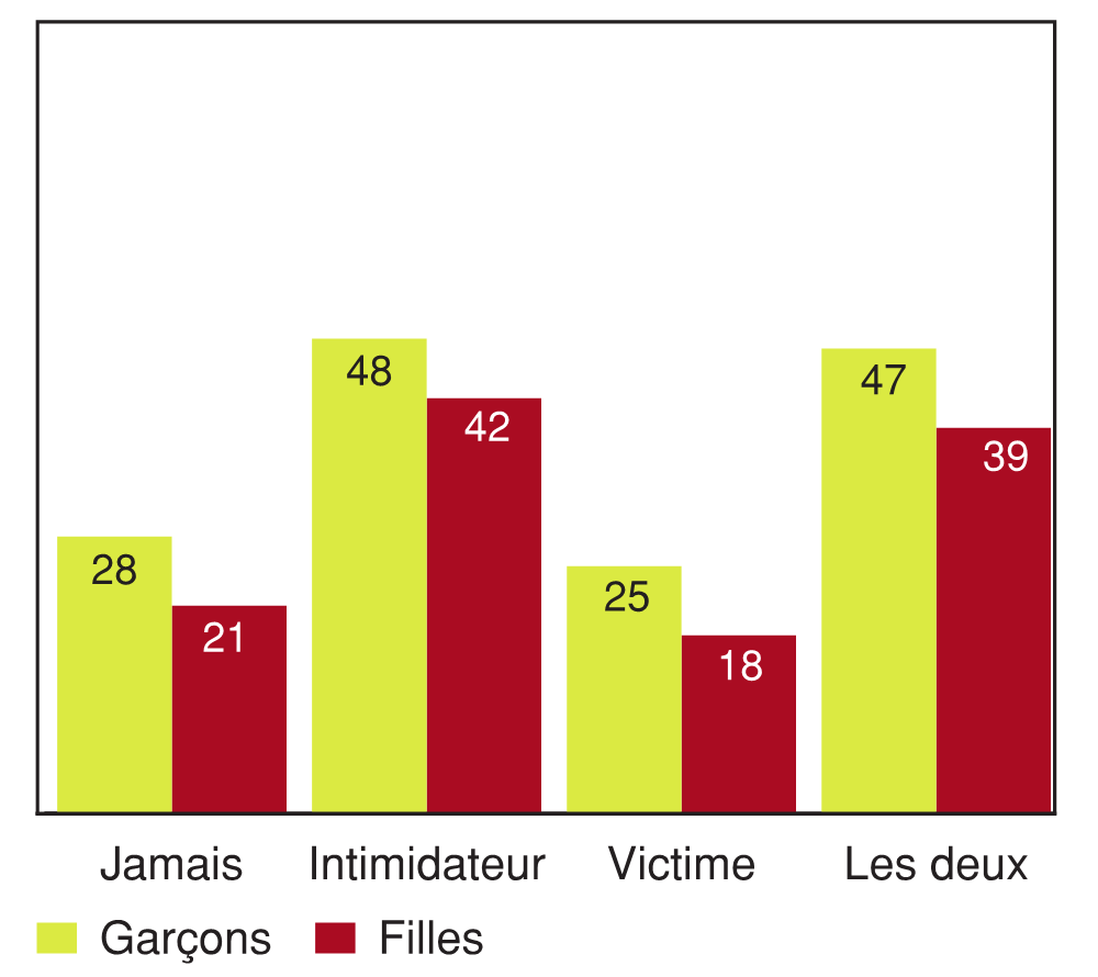 Figure 11.14 - Élèves ayant déclaré un niveau élevé de problèmes de comportement, selon la participation à des actes d'intimidation et selon le sexe (%)