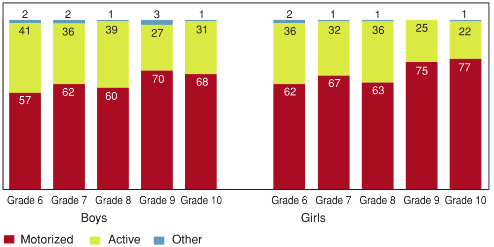 Figure 8.6 - Transportation to school, by grade and gender (%)