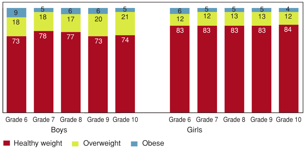 Figure 9.1 - Students who are a healthy weight, overweight, or obese, by grade and gender (%)