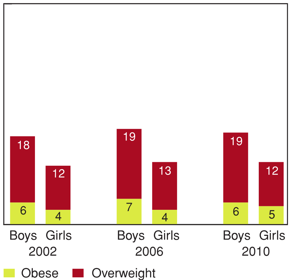Figure 9.2 - Students classified as overweight and obese, by gender and year of survey (%)
