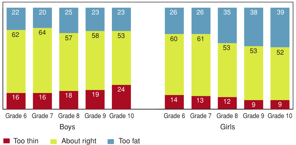 Figure 9.3 - Students who think their body is too thin, about the right size, or too fat, by grade and gender (%)