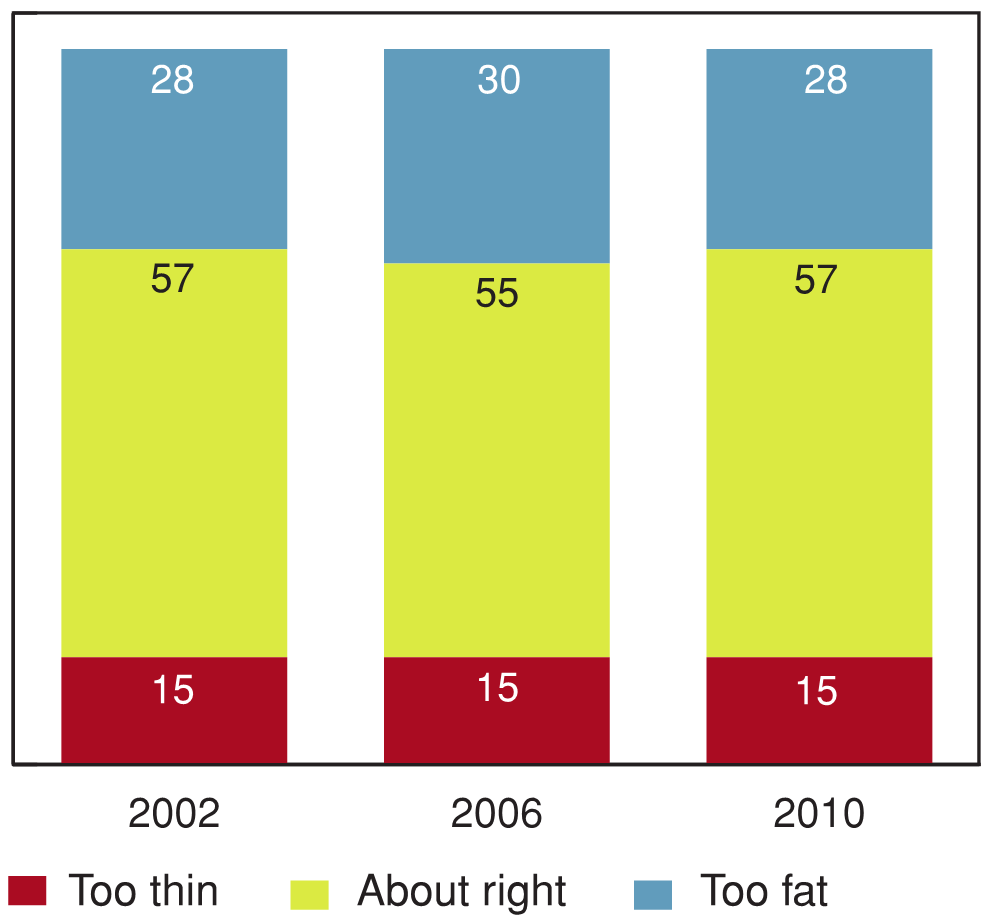 Figure 9.4 - Students who think their body is too thin, about the right size, or too fat, 2002, 2006 and 2010 (%)