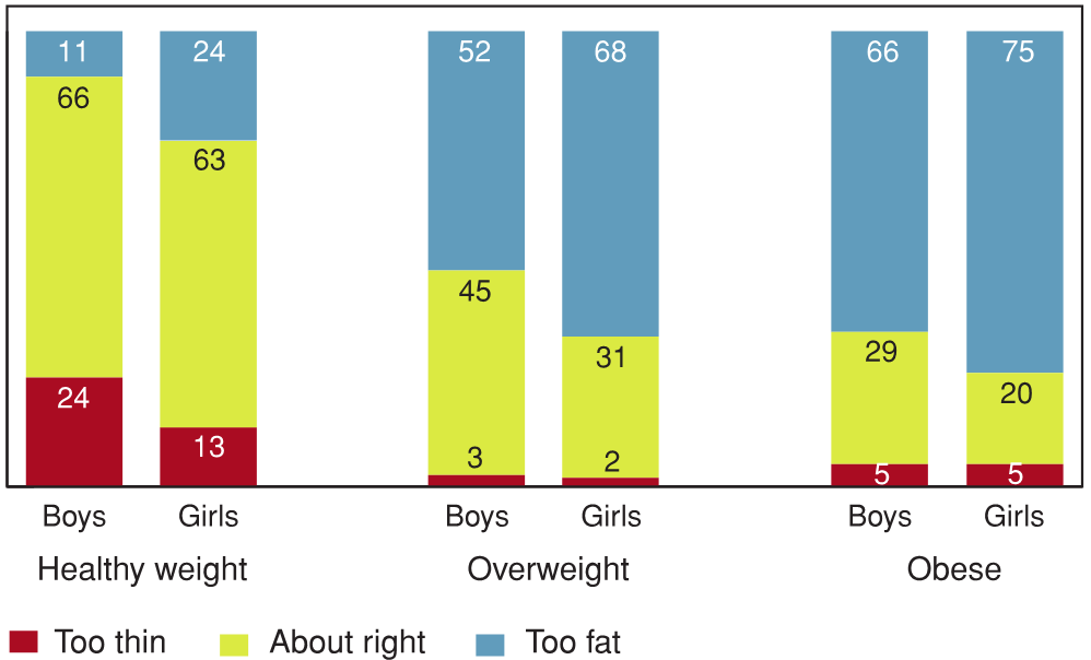 Figure 9.7 - Students who think their body is too thin, about the right size, or too fat, by BMI category, by gender (%)