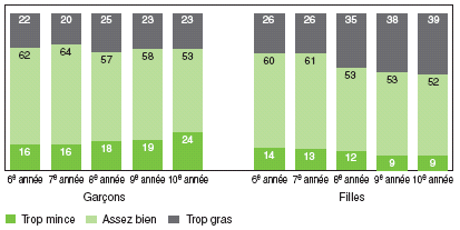 Figure 7 - Élèves ayant déclaré que leur corps est trop mince, assez bien ou trop gras, selon l'année d'études et le sexe (%)