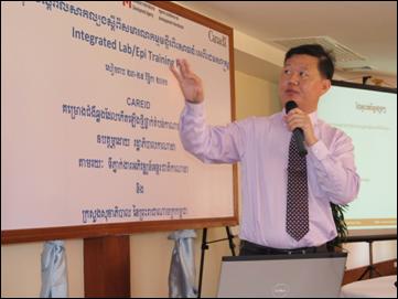 Dr. Ly Sovann, Deputy Director of the Communicable Disease Control Department of the Ministry of Health in Cambodia, welcomes participants to the CAREIDIntegrated Lab/ Epi Training session.