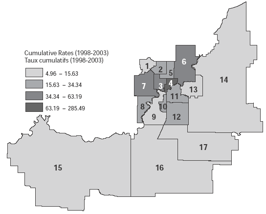 Figure 2a. Taux cumulatifs standardisés pour l'âge et le sexe (pour 100 000 habitants) de cas d'infection par N. gonorrhea diagnostiqués entre le1er janvier 1998 et le 31 décembre 2003 chez des résidants de 17 sous-régions de la Capital Health Region