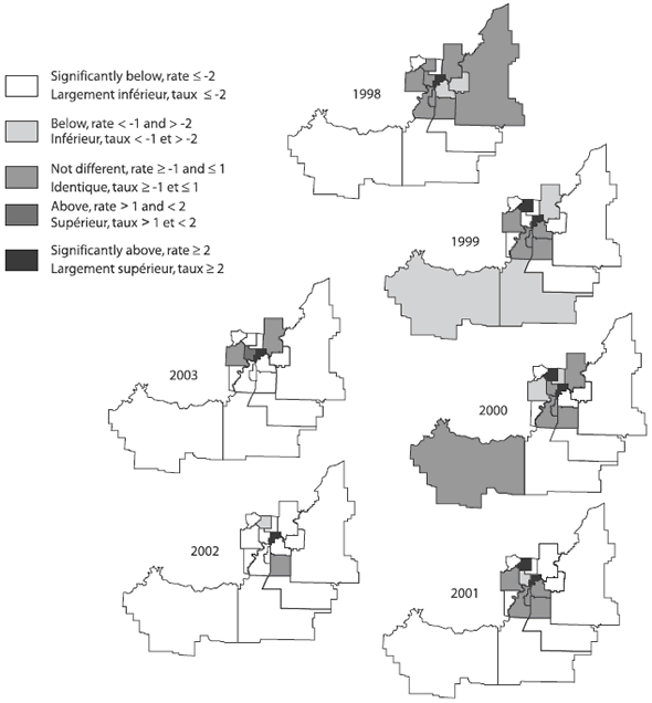 Figure 2b. Scores normaux présentant la variation sous-régionale des taux d’incidence de l’infection par N. gonorrhea par rapport à la Capital Health Region (dans le sens horaire, de 1998 à 2002)