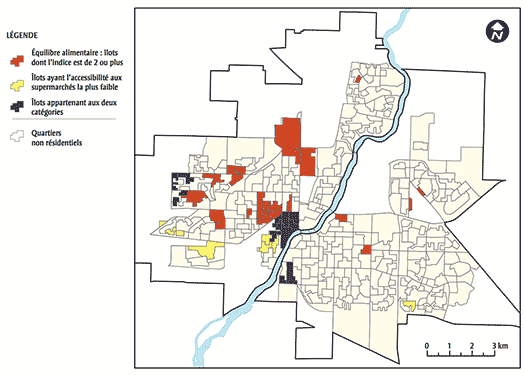 FIGURE 8 Zones géographiques matériellement défavorisées ayant un pauvre accès aux supermarchés et un pauvre équilibre alimentaire, Saskatoon (Saskatchewan)