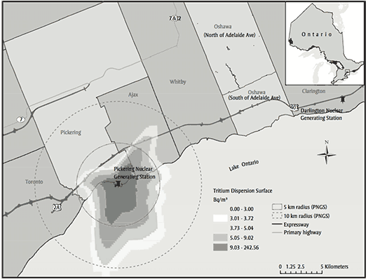 tritium dispersion surface and location of nuclear power plants, Pickering, Ontario, and Oshawa, Ontario
