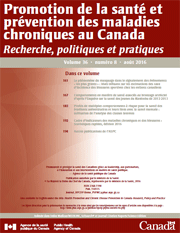Vol 36, No 8, août 2016 - Promotion de la santé et prévention des maladies chroniques au Canada : Recherche, politiques et pratiques