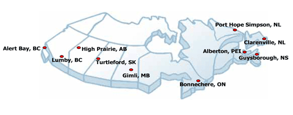 Map of Canada: Alert Bay, BC, Lumby, BC, High Prairie, AB, Turtleford, SK, Gimli, MB, Bonnechere, ON, Port Hope Simpson, NL, Clarenville, NL, Alberton, PEI, Guysborough, NS