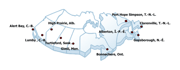 Carte du Canada: Alert Bay, C.-B., Lumby, C.-B., High Prairie, Alb., Turtleford, Sask., Gimli, Man., Bonnechere, Ont., Port Hope Simpson,T.-N.-L., Clarenville, T.-N.-L., Alberton, Î.-P.-É, Guysborough, N.-É