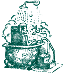 A man in a tub with steps, a railing, and a chair