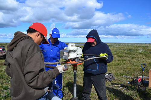 Drilling into the permafrost to take core samples is a team effort.