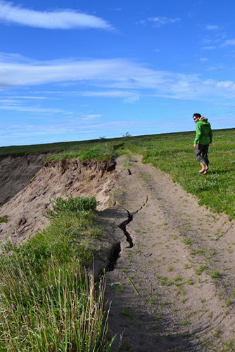 A section of the all-terrain-vehicle trail near Kugluktuk, badly damaged by permafrost thawing.