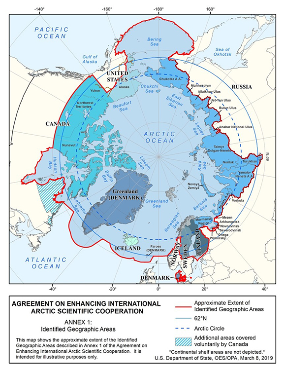 Les régions couvertes par l'Accord sur le renforcement de la coopération scientifique internationale dans l'Arctique