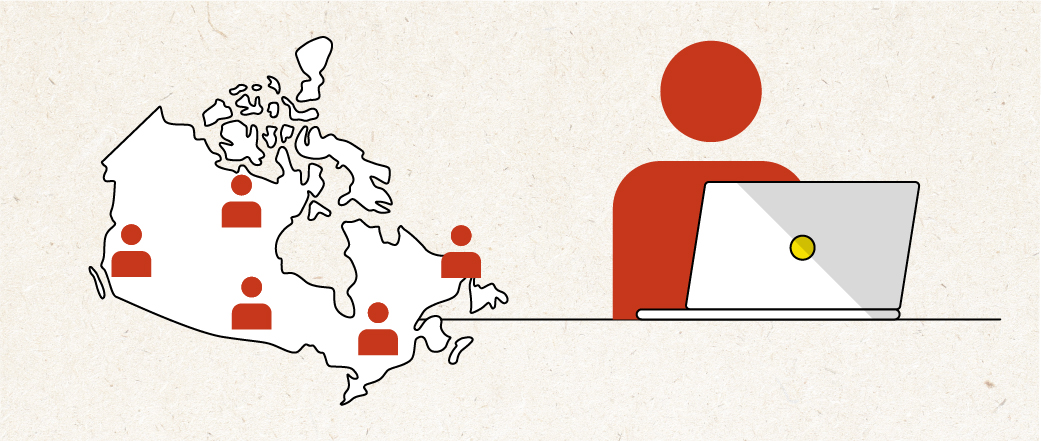 Une carte illustrée du Canada sur laquelle sont superposées cinq icônes de personnes et, à droite, une icône plus grande d'un ordinateur portable et d'une icône de personne, représentant les Canadiens qui visitent notre site Web.