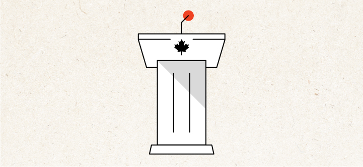 An illustration of a podium with a maple leaf and a microphone, representing an announcement.