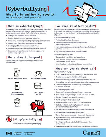 Fact Sheet - Cyberbullying: What is it and how to stop it - For youth aged 16-17 years old