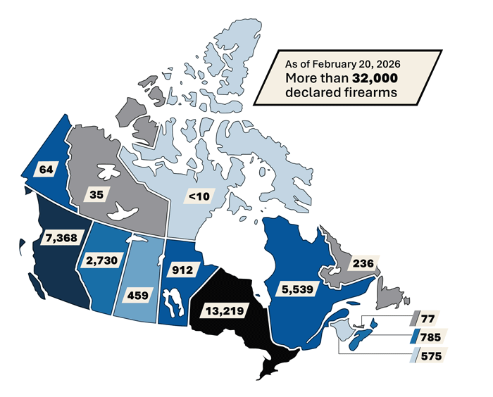 Map of Canada showing number of assault-style firearms declared by province and territory. Numbers provided in the table 'Number of assault-style firearms declared by province and territory'