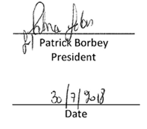 Signature of President Patrick Borbey dated july 30th 2018 