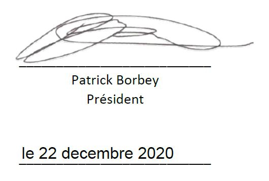 Signature de Patrick Borbey, Président. Daté du 30 juillet 2018